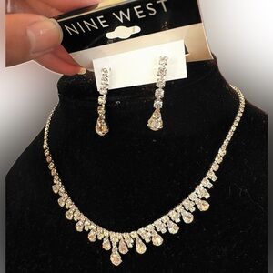 Nine West Silver Necklace 16+3” and Earring Set diamonds paved